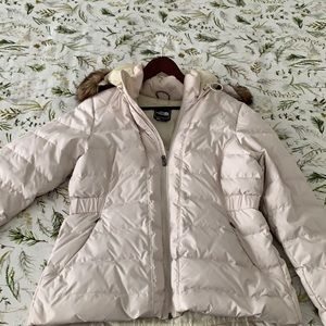 North Face white jacket with faux fur rimmed hood